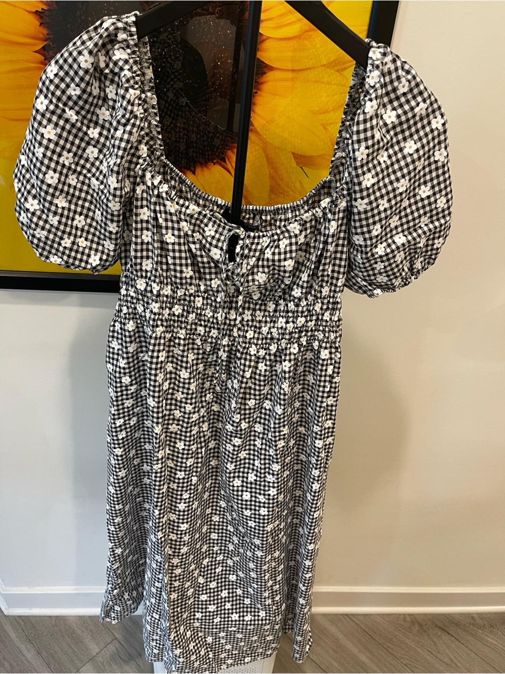Sophie Rue Black & White Gingham Puff-Sleeve Midi Dress Size L
